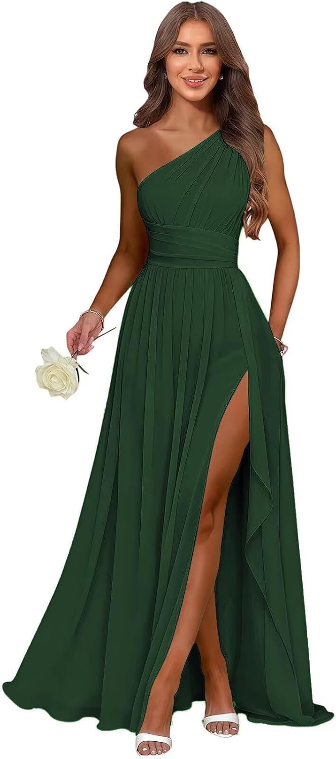 Hunter Green one shoulder chiffon formal dress main color view