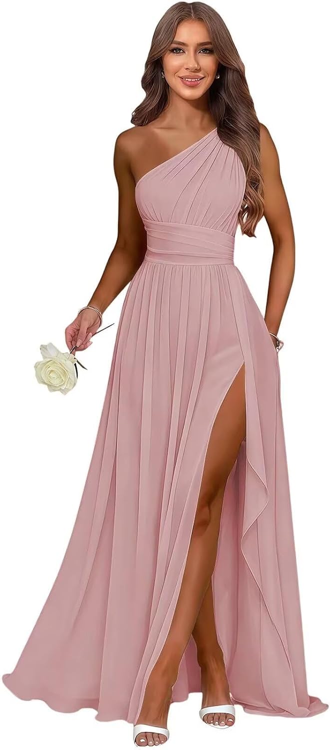 Dusty Rose one shoulder chiffon formal dress main color view