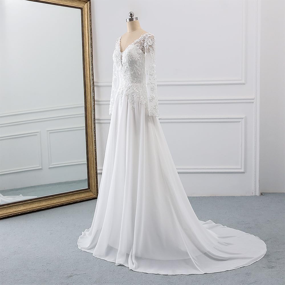 A-Line Long Sleeve Lace Wedding Dress with Corset Back - view 2