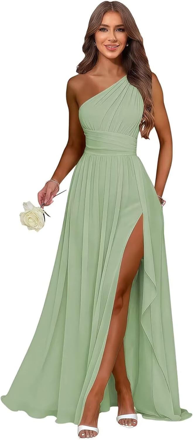 Sage Green one shoulder chiffon formal dress main color view