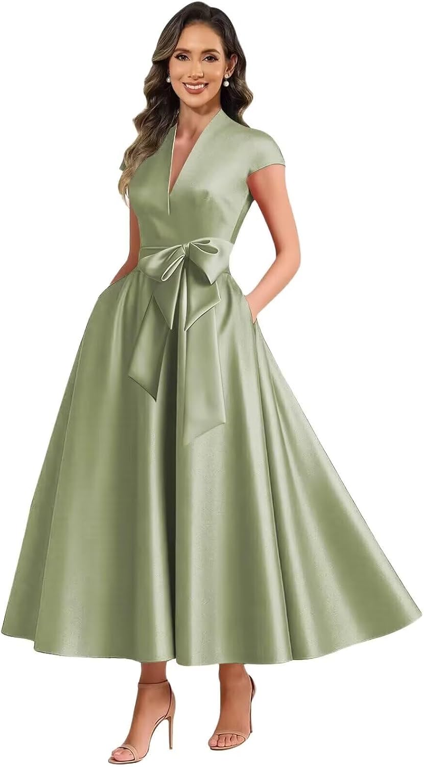 Sage satin mother of the bride dress main color view