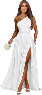 White one shoulder chiffon formal dress main color view