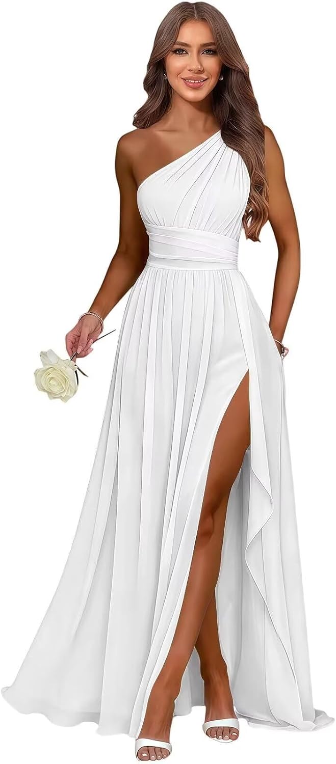 White one shoulder chiffon formal dress main color view