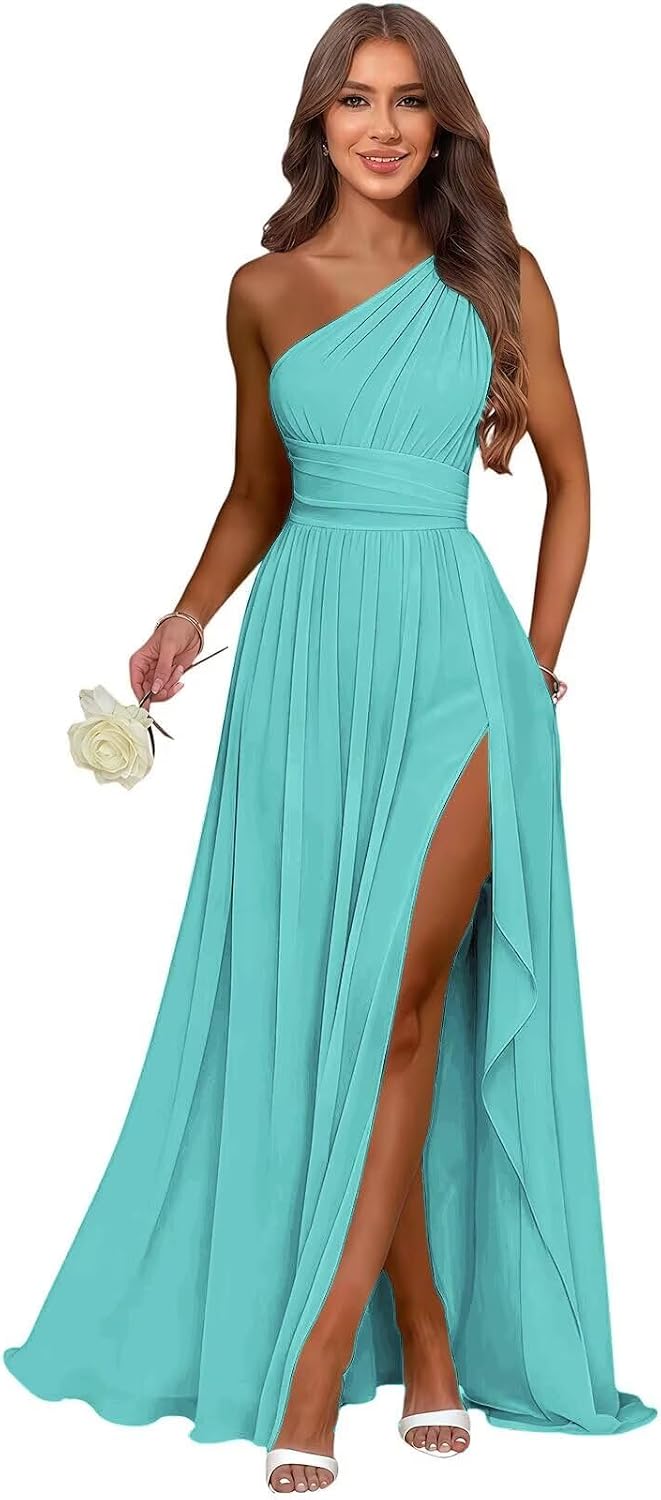 Turquoise one shoulder chiffon formal dress main color view