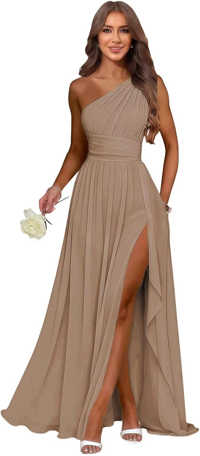 Taupe one shoulder chiffon formal dress main color view
