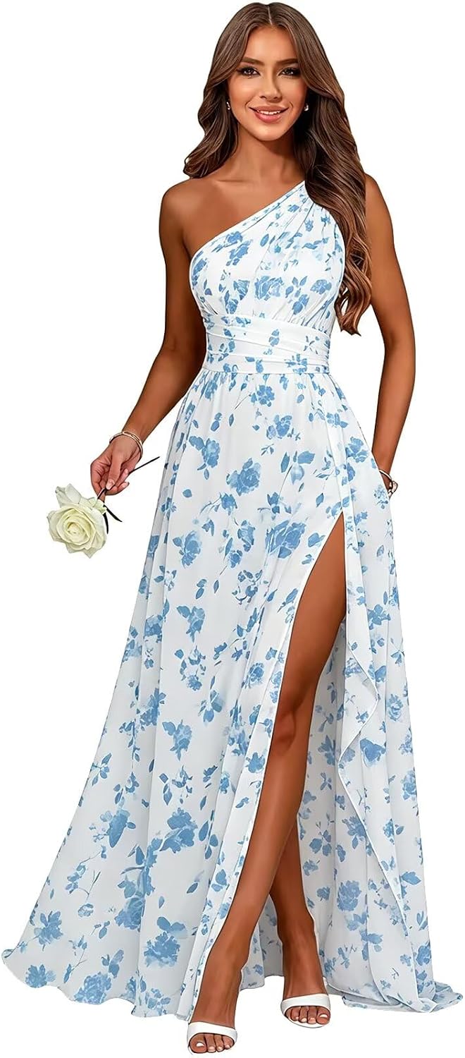 Floral Blue White one shoulder chiffon formal dress main color view