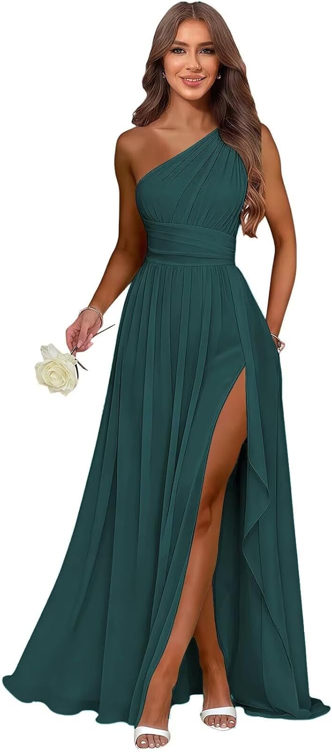 Peacock one shoulder chiffon formal dress main color view