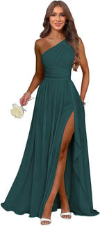 Peacock one shoulder chiffon formal dress main color view