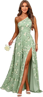 Floral Green one shoulder chiffon formal dress main color view