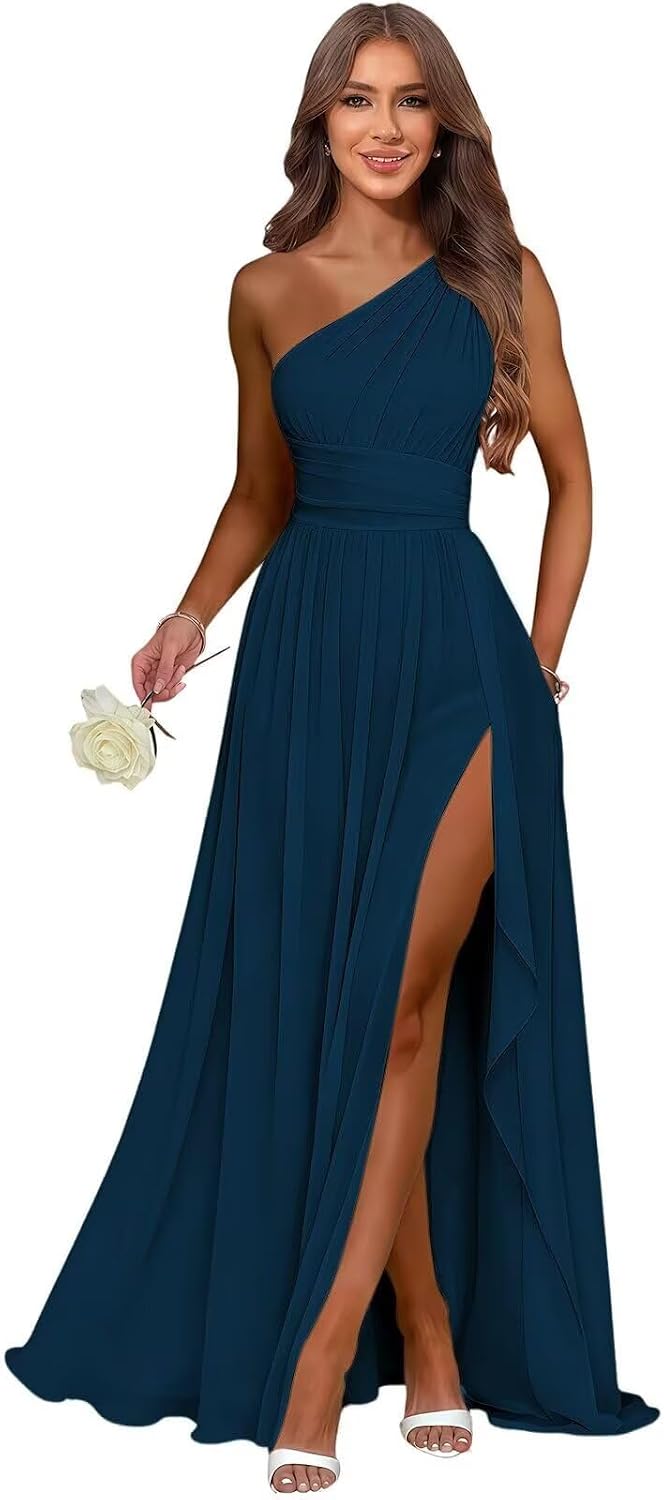Teal one shoulder chiffon formal dress main color view