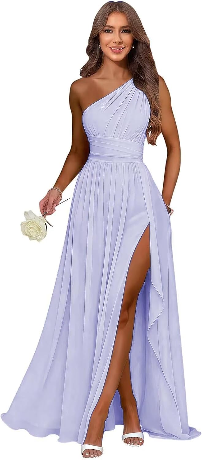 Lavender one shoulder chiffon formal dress main color view