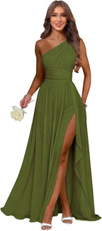 Olive one shoulder chiffon formal dress main color view