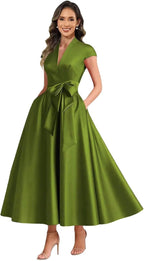 Light Olive satin mother of the bride dress main color view