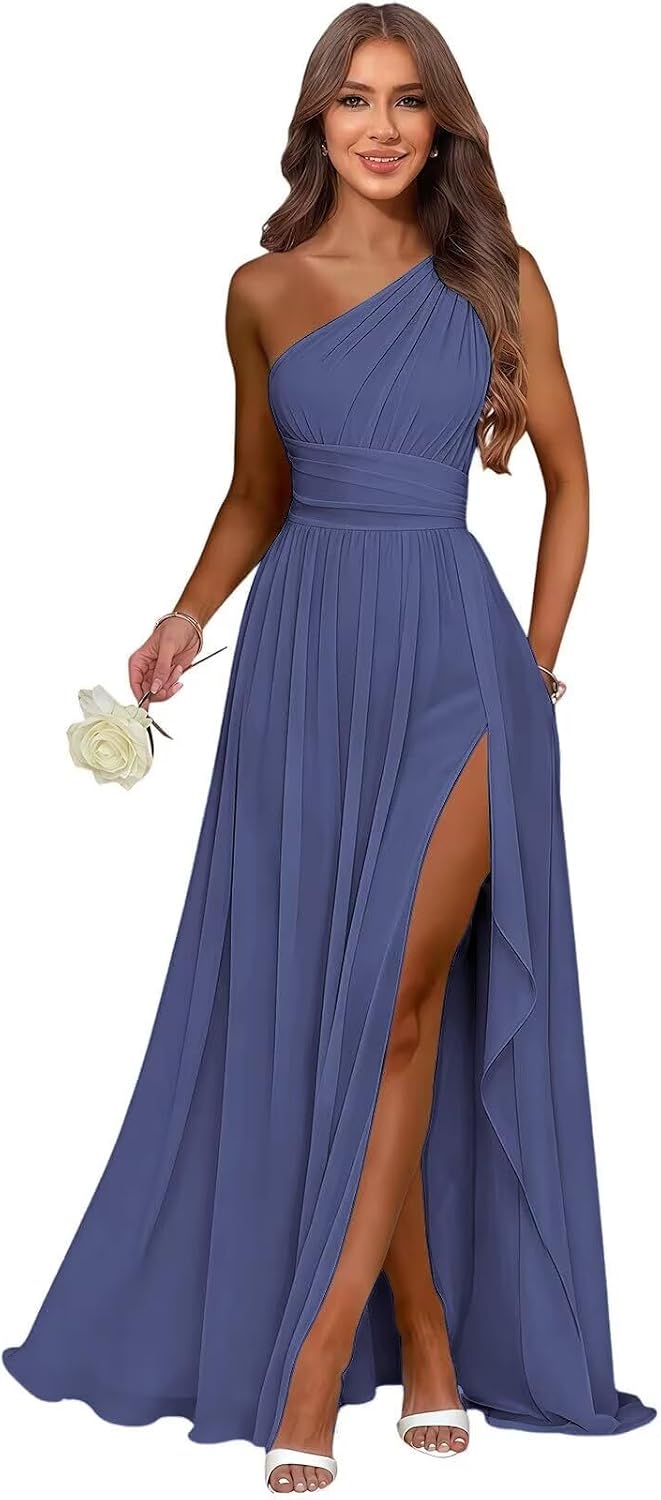 Slate Blue one shoulder chiffon formal dress main color view