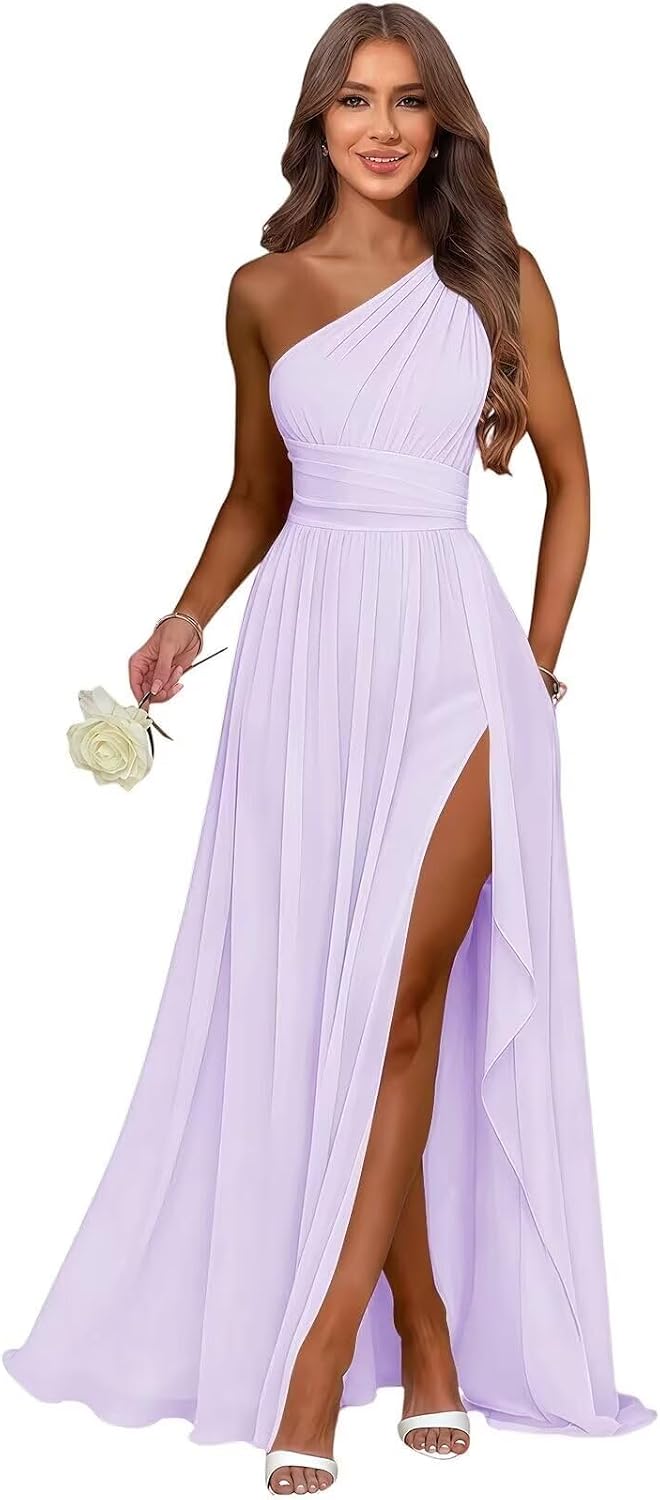 Lilac one shoulder chiffon formal dress main color view