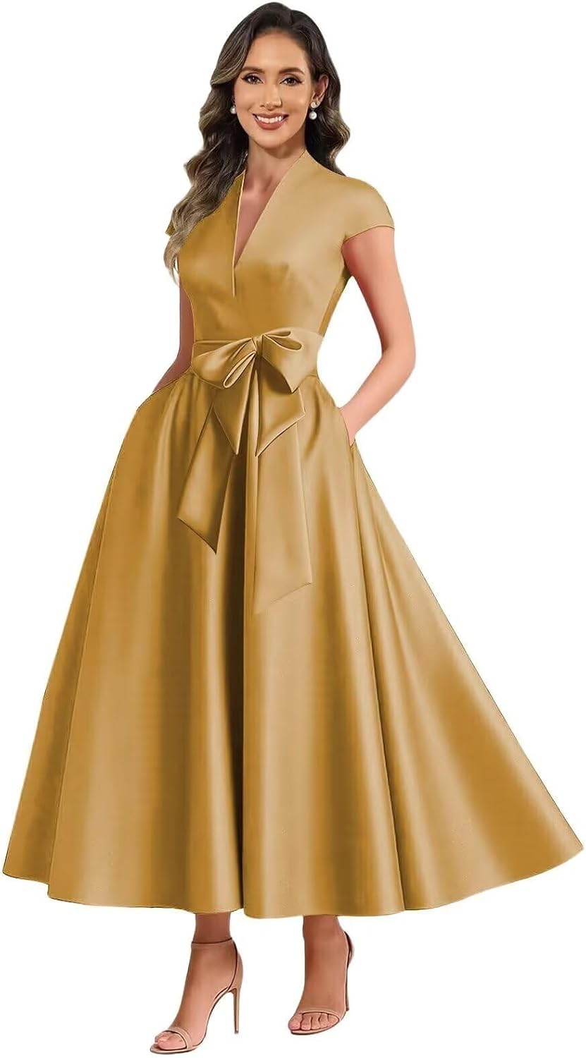Gold satin mother of the bride dress main color view