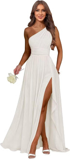 Ivory one shoulder chiffon formal dress main color view