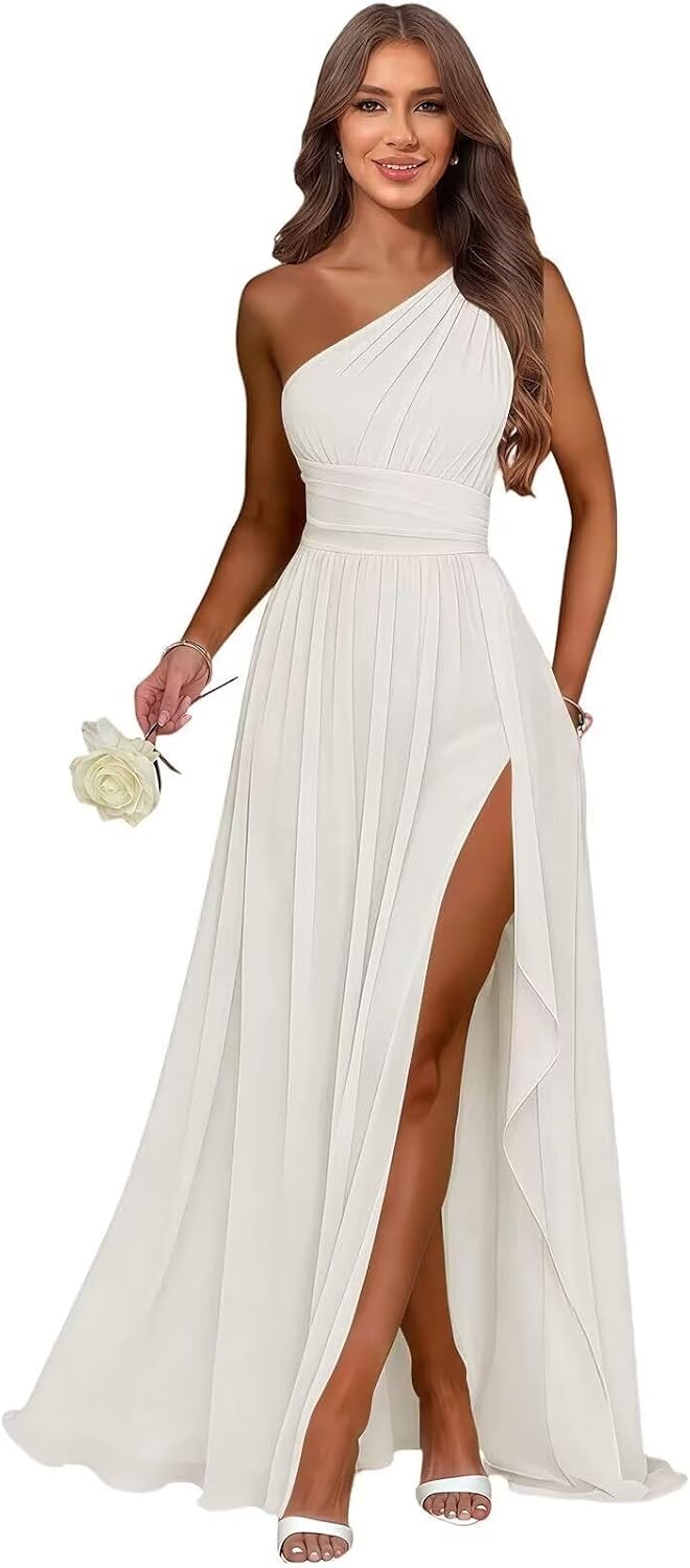 Ivory one shoulder chiffon formal dress main color view