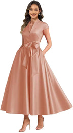 Peach satin mother of the bride dress main color view