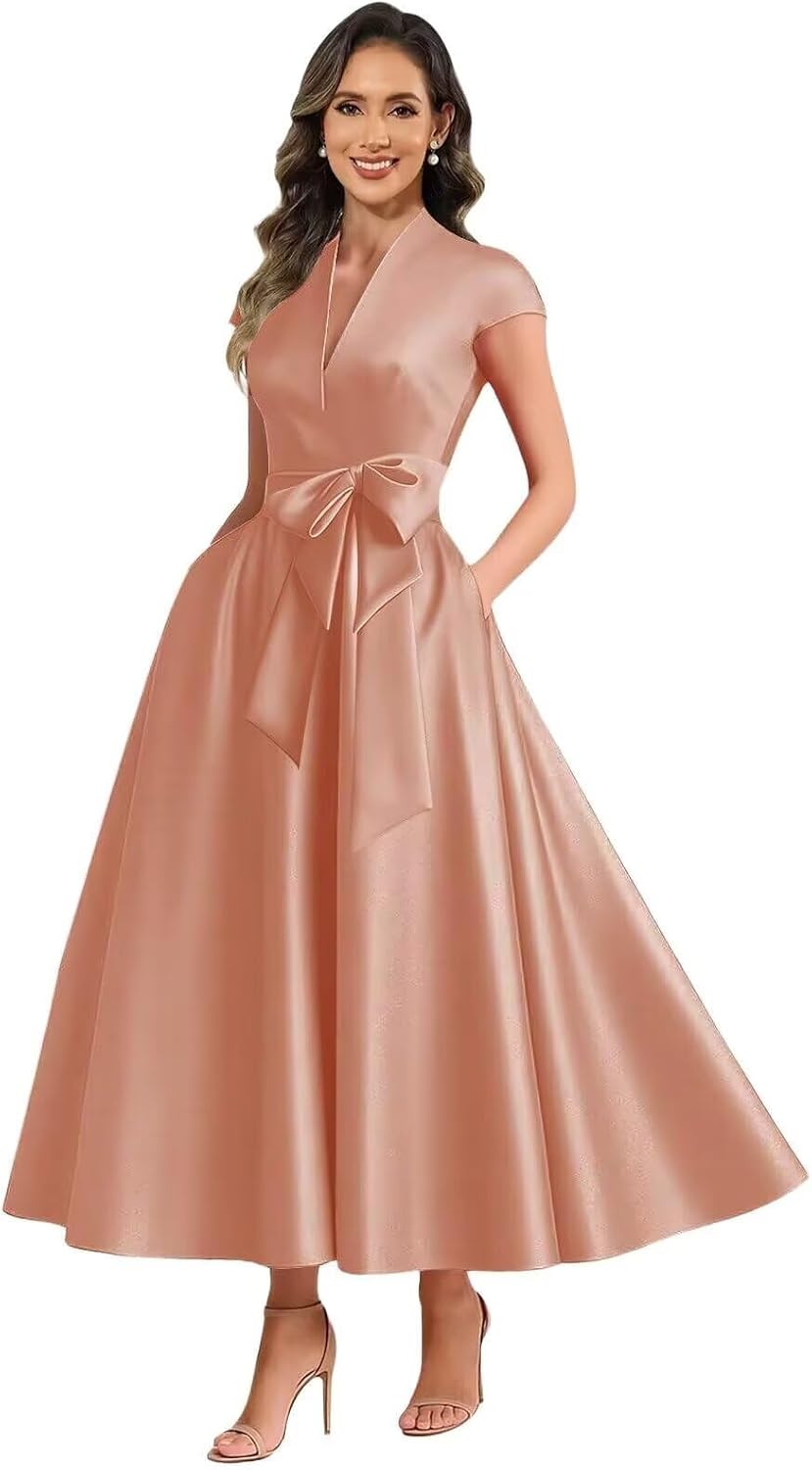 Peach satin mother of the bride dress main color view