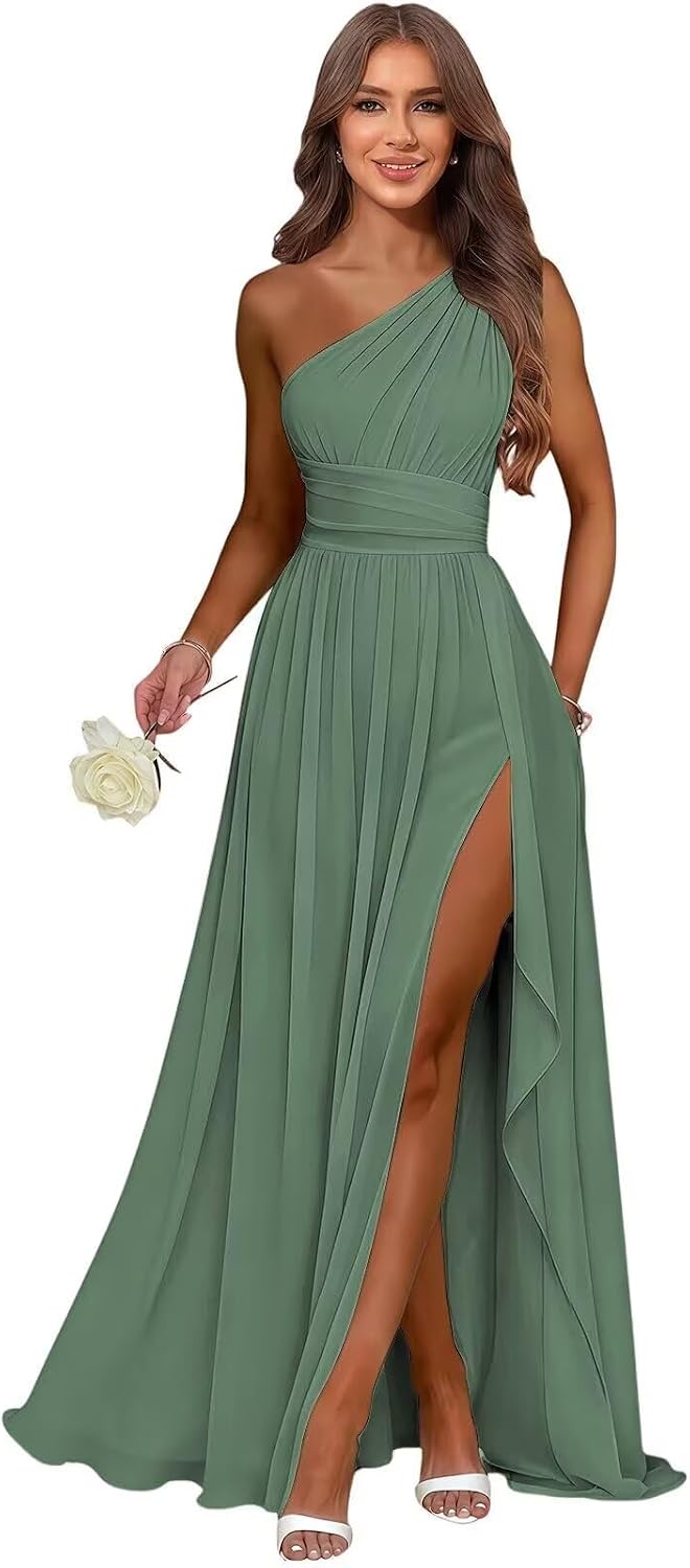 Pastel Green one shoulder chiffon formal dress main color view