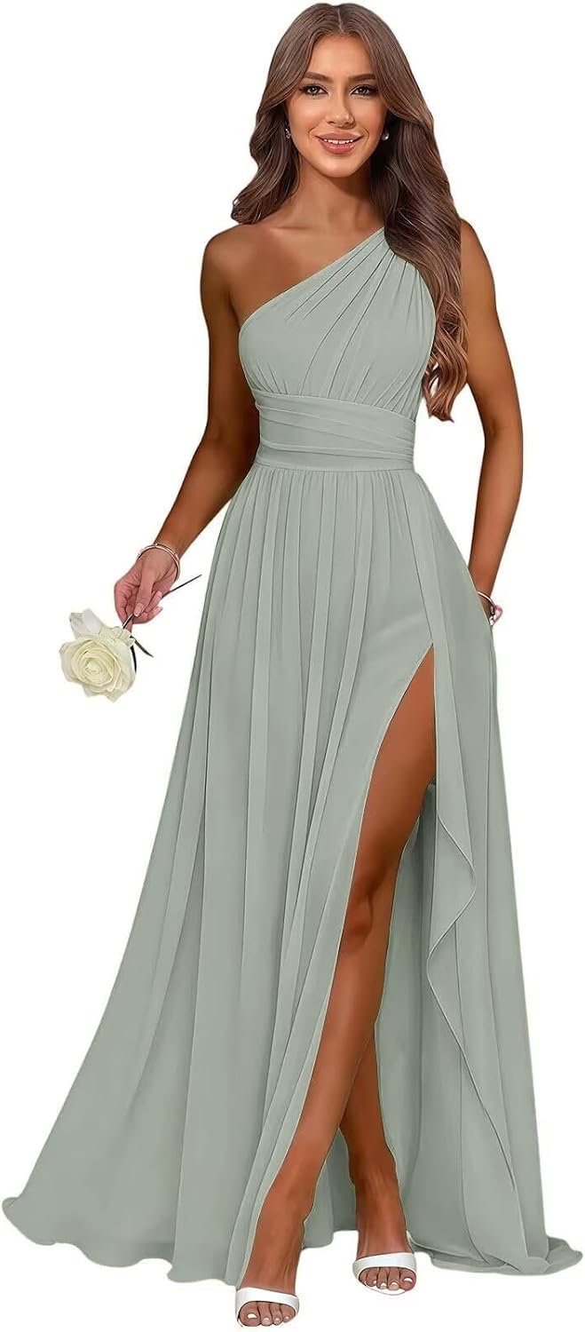 Dusty Sage one shoulder chiffon formal dress main color view
