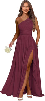 Mulberry one shoulder chiffon formal dress main color view