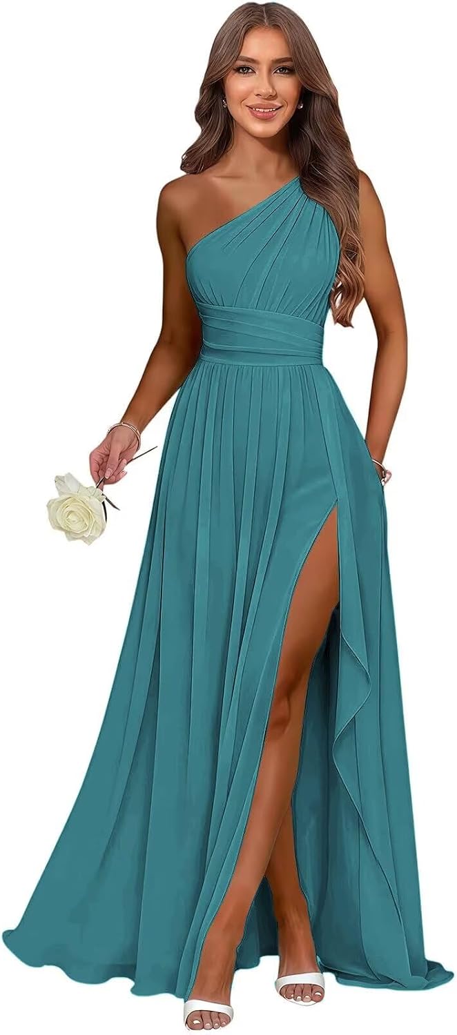 Ocean one shoulder chiffon formal dress main color view
