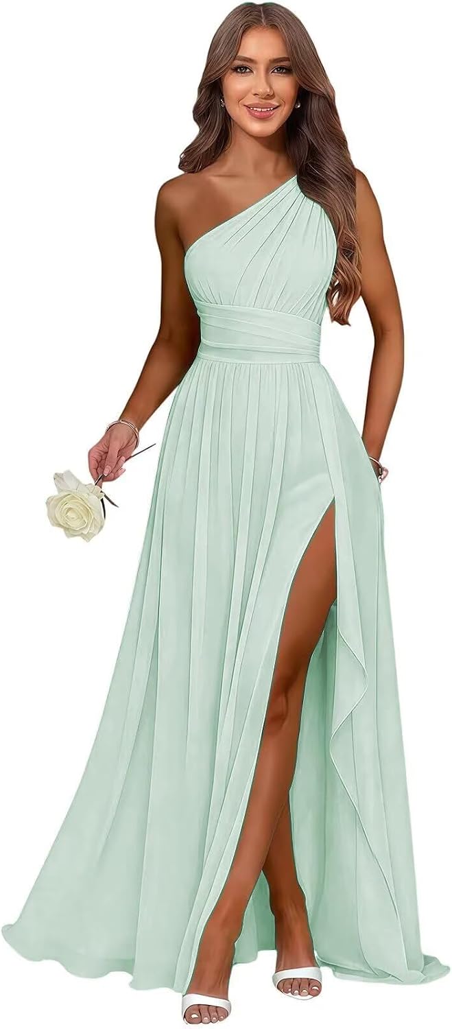 Mint one shoulder chiffon formal dress main color view