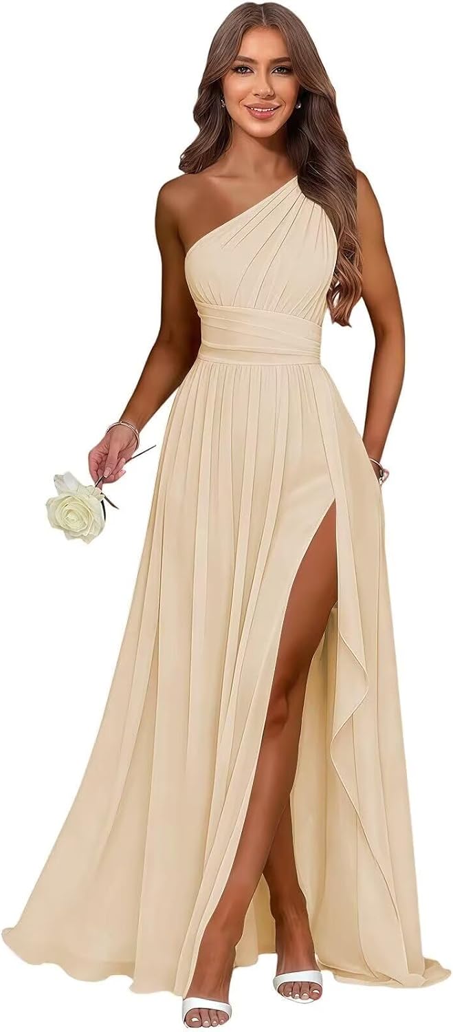 Champagne one shoulder chiffon formal dress main color view