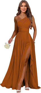 Burnt Orange one shoulder chiffon formal dress main color view