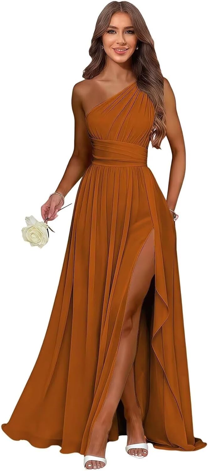 Burnt Orange one shoulder chiffon formal dress main color view