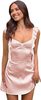 Blush Pink spaghetti strap ruffle mini dress front view