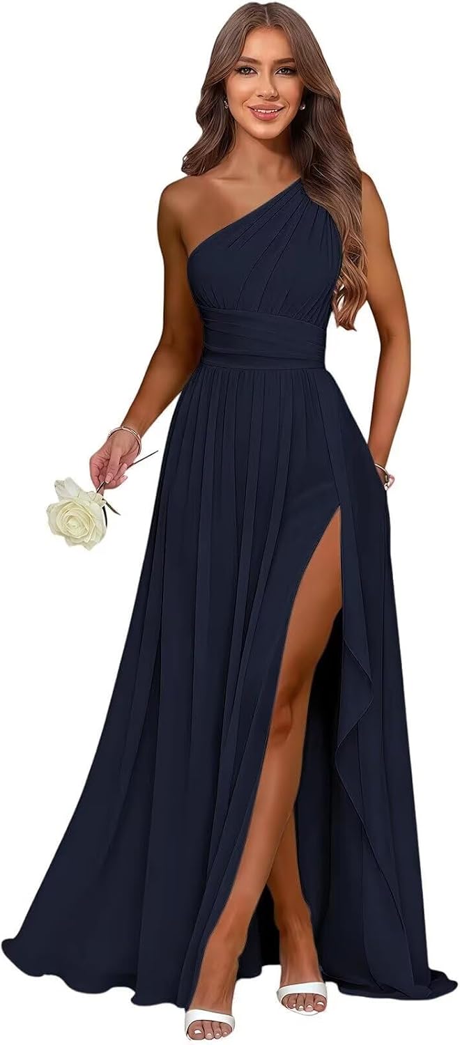 Navy one shoulder chiffon formal dress main color view