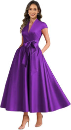 Purple satin mother of the bride dress main color view