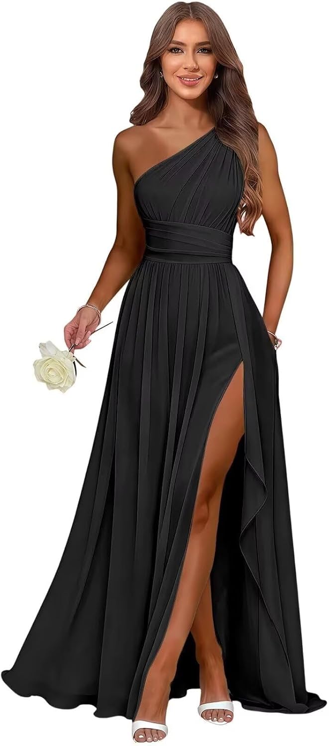 Black one shoulder chiffon formal dress main color view