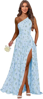 Floral Blue one shoulder chiffon formal dress main color view