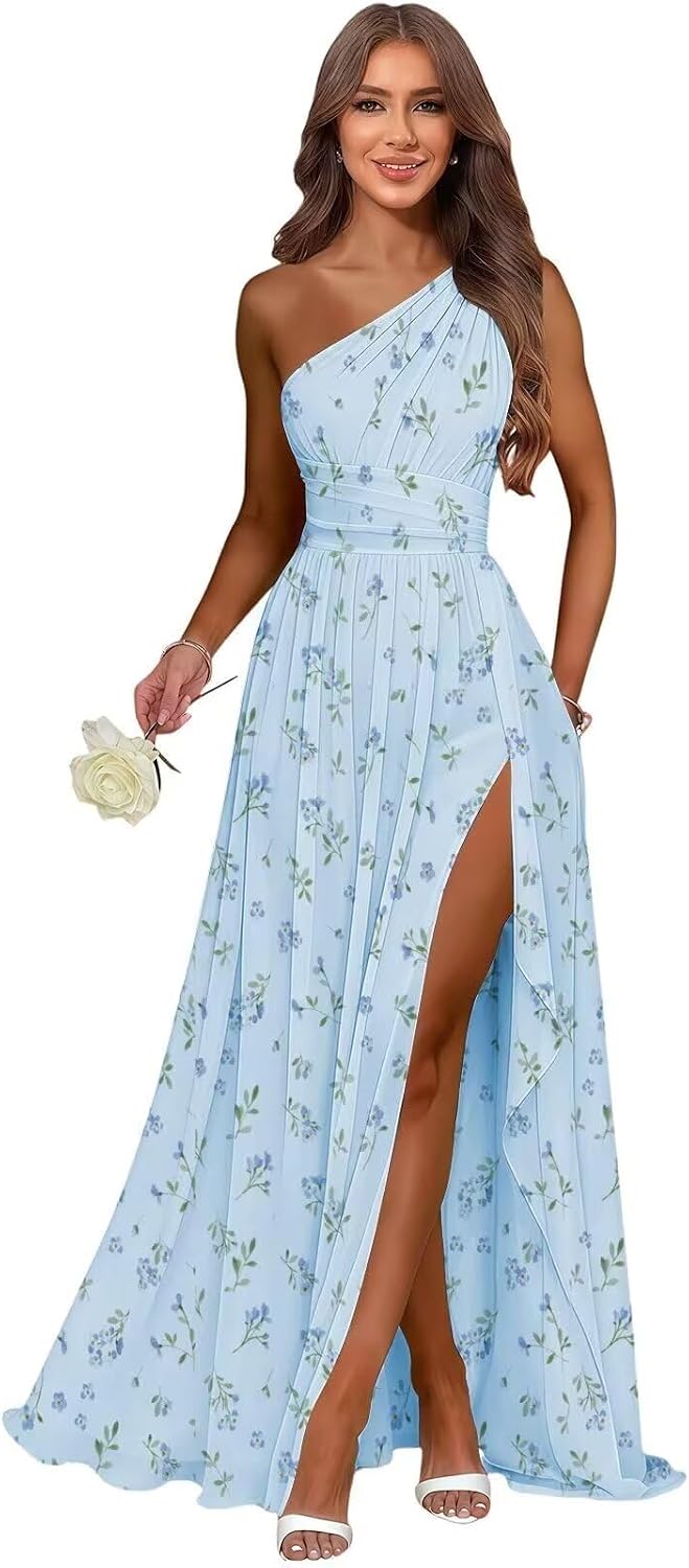Floral Blue one shoulder chiffon formal dress main color view