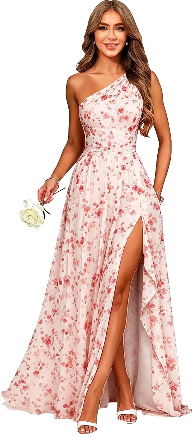 Floral Pink one shoulder chiffon formal dress main color view