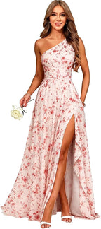 Floral Pink one shoulder chiffon formal dress main color view
