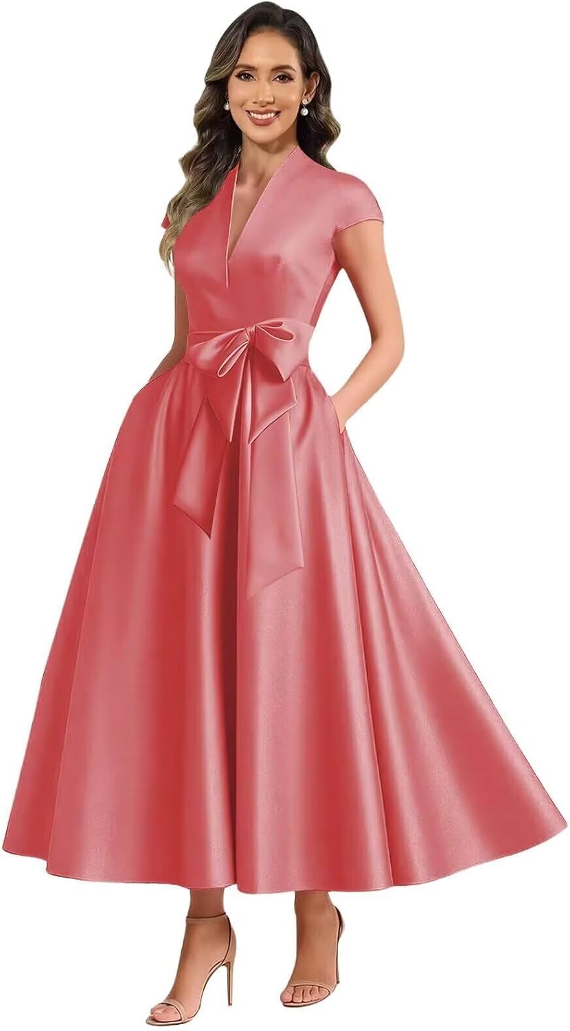 Coral satin mother of the bride dress main color view