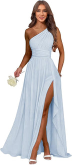 Baby Blue one shoulder chiffon formal dress main color view