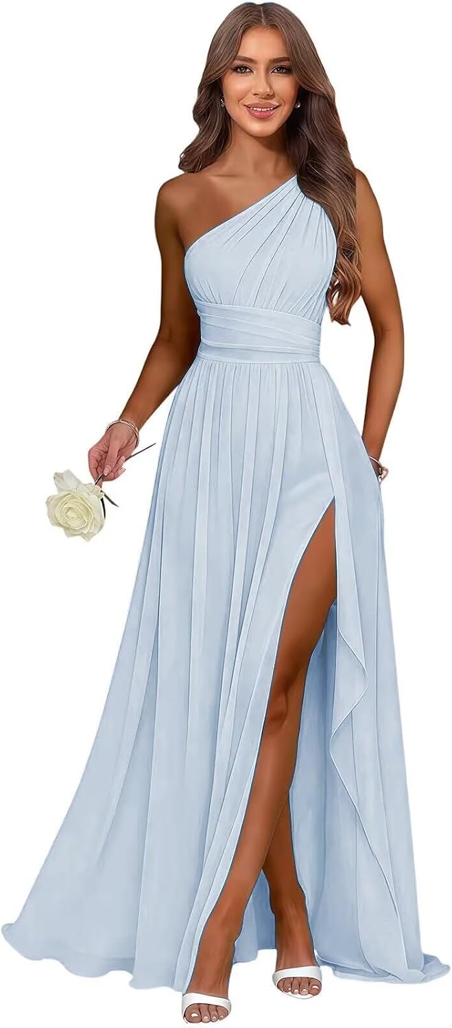 Baby Blue one shoulder chiffon formal dress main color view