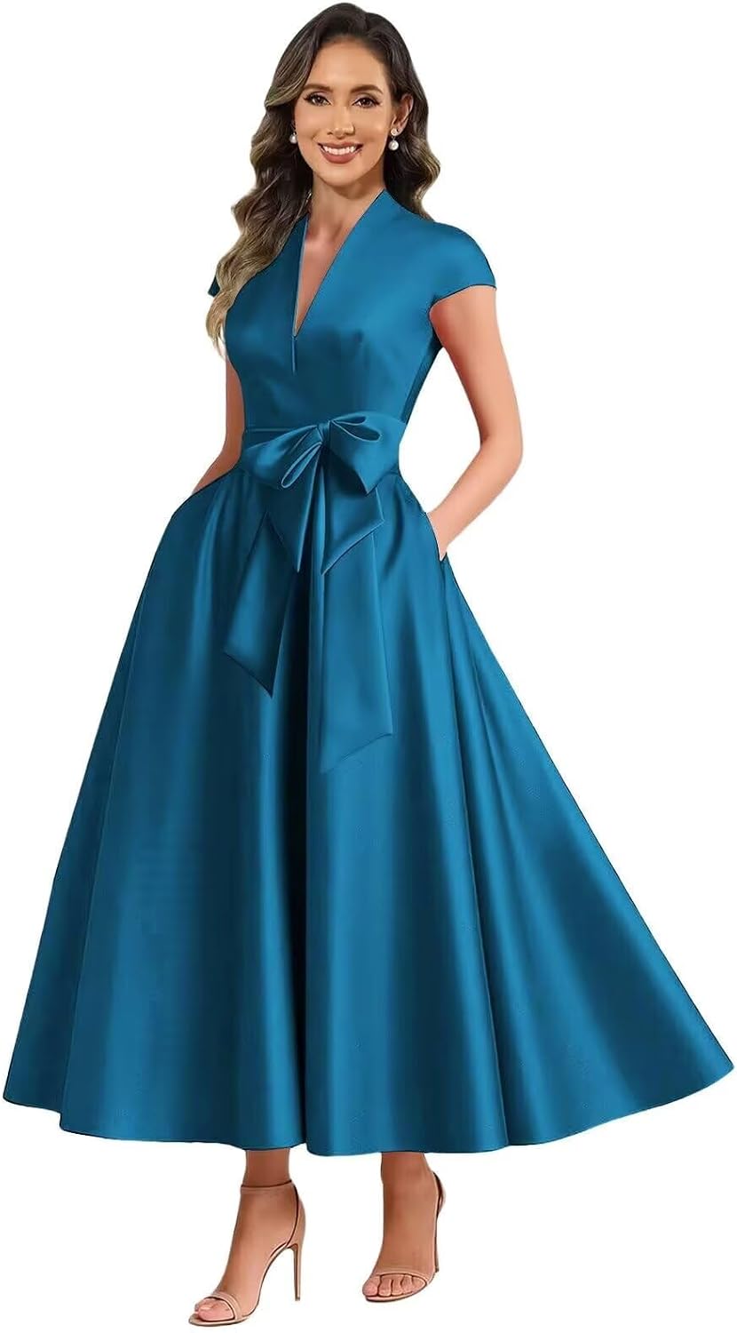 Peacock satin mother of the bride dress main color view
