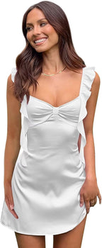 White spaghetti strap ruffle mini dress front view