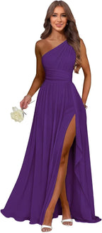 Purple one shoulder chiffon formal dress main color view