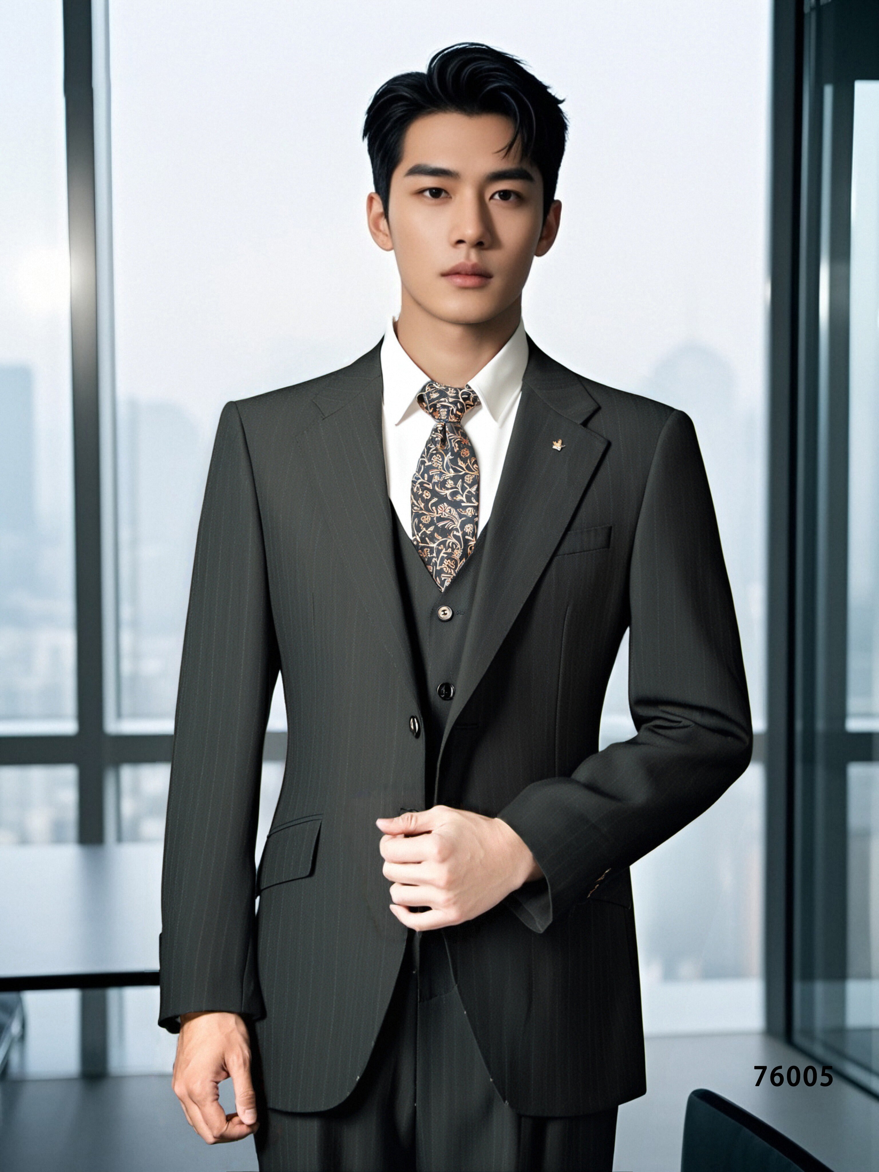 Three-Piece Subtle Pinstripe Wool Wedding Suit | Classic Tailored Formal Groom Suit