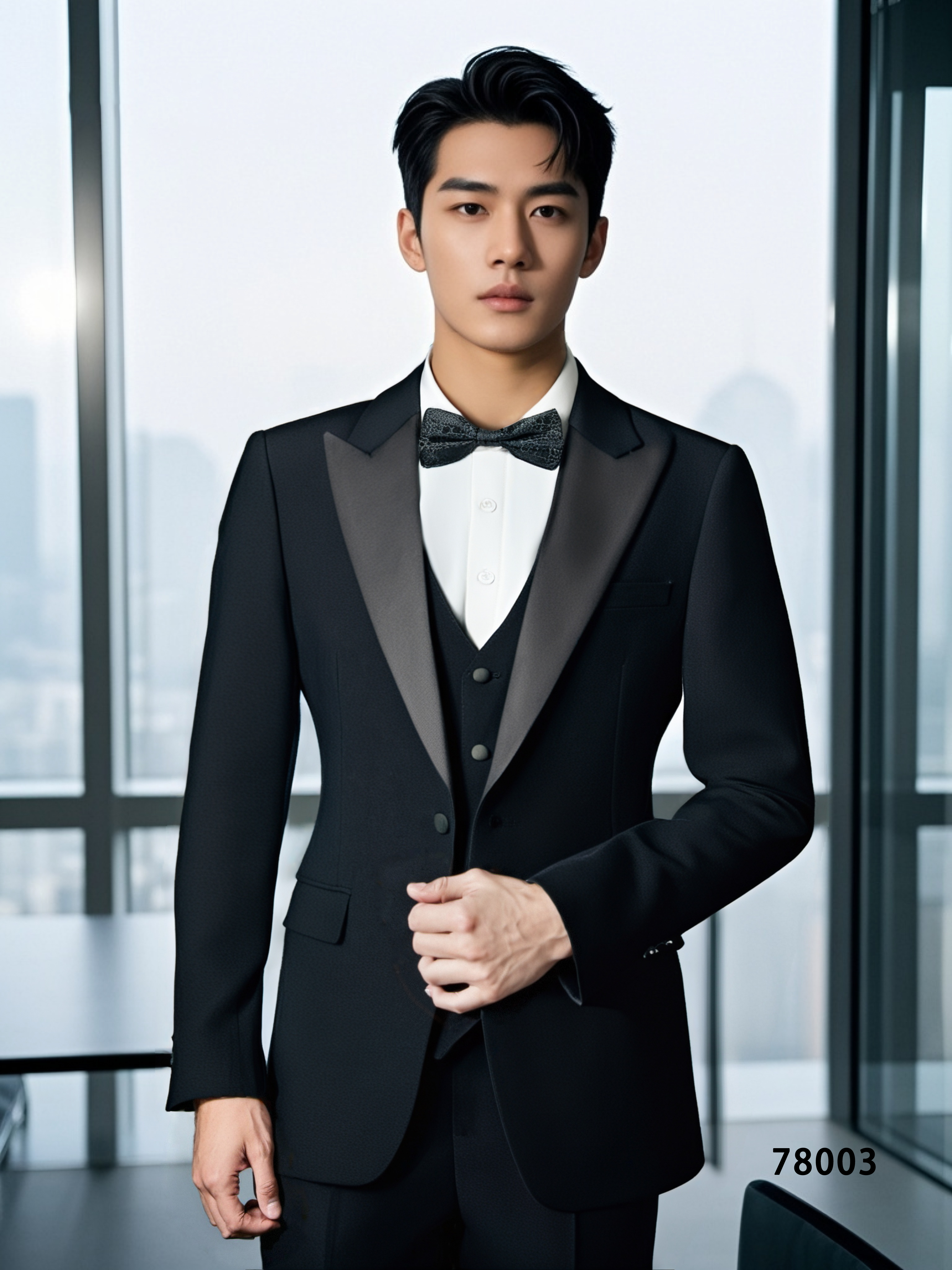 Three-Piece Black Tuxedo with Satin Lapels | Tailored Formal Groom Suit