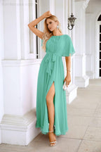 Ladies Chiffon Sleeve Crew Neck Front Slit Floor Length Bridesmaid Evening Dress Wedding Party Evening Dress 28124