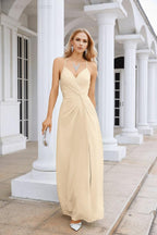 Ladies Chiffon Spaghetti Strap V Neck Front Slit Floor Length Bridesmaid Evening Dress Prom Party Wedding Evening Dress 28116